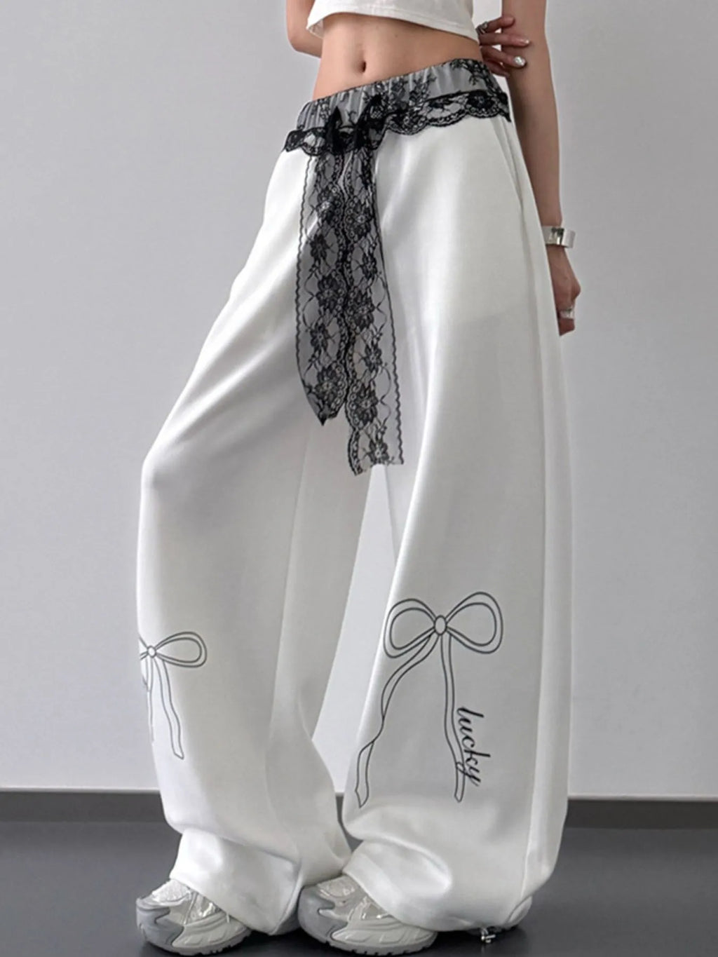 Wide Leg Pants with Lace Belt Detail