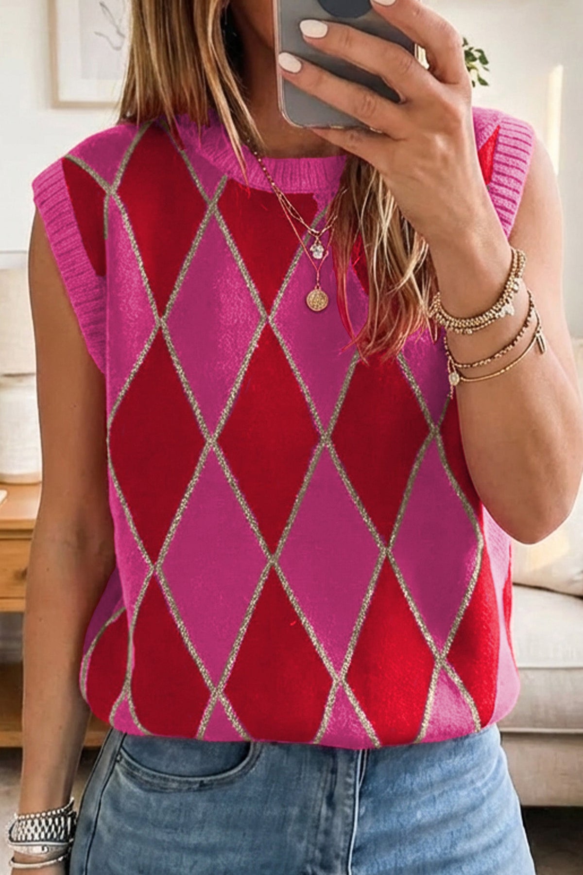 Glitter Trim Rhombus Pattern Knit Sweater Top