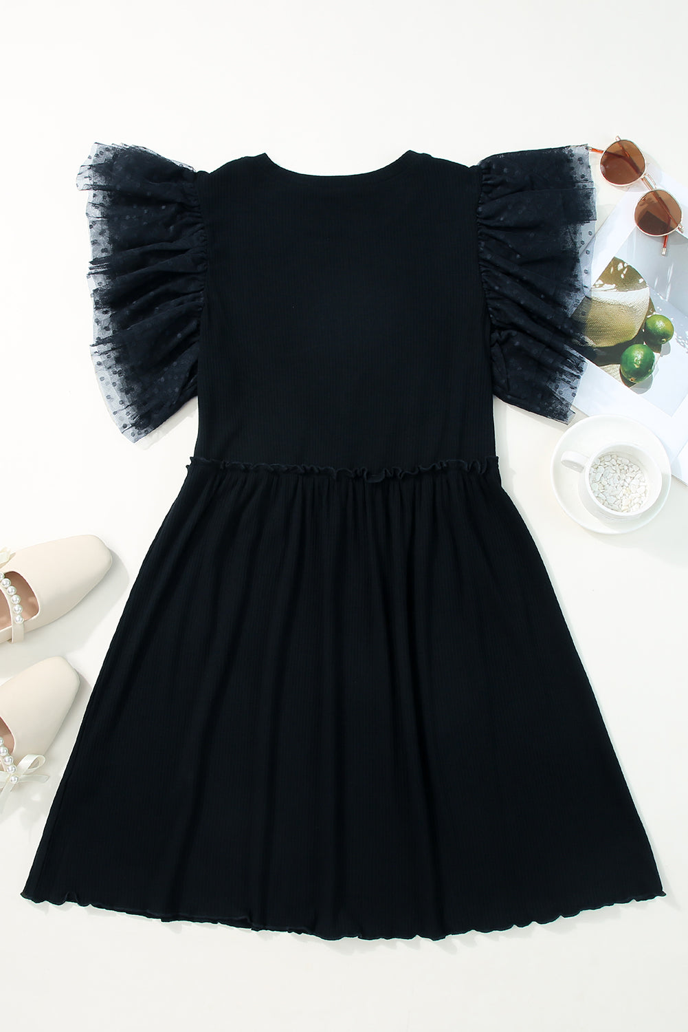 Black Dotty Mesh Ruffle Sleeve Ribbed Knit Babydoll Mini Dress