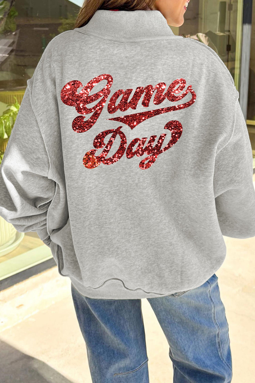 Light Grey Football Patch Sequin Game Day Lettering Mock Neck Tunic Sweatshirt