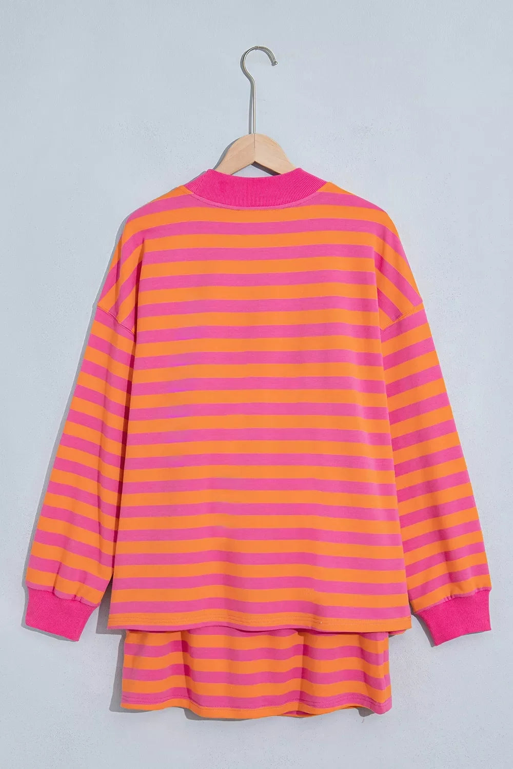 Stripe Color Block Patchwork Mock Neck Pullover Drawstring Mini Skort Set