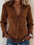 Fringed Button Up Long Sleeve Shirt