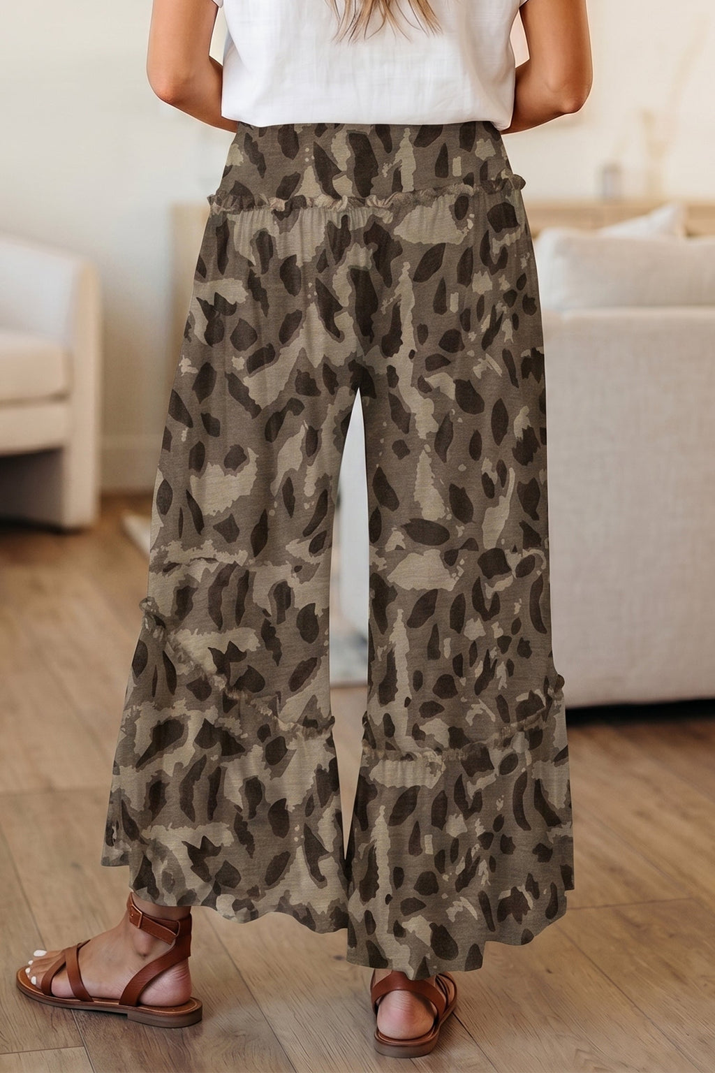 Brown Camo Print Wide Leg Casual Pants