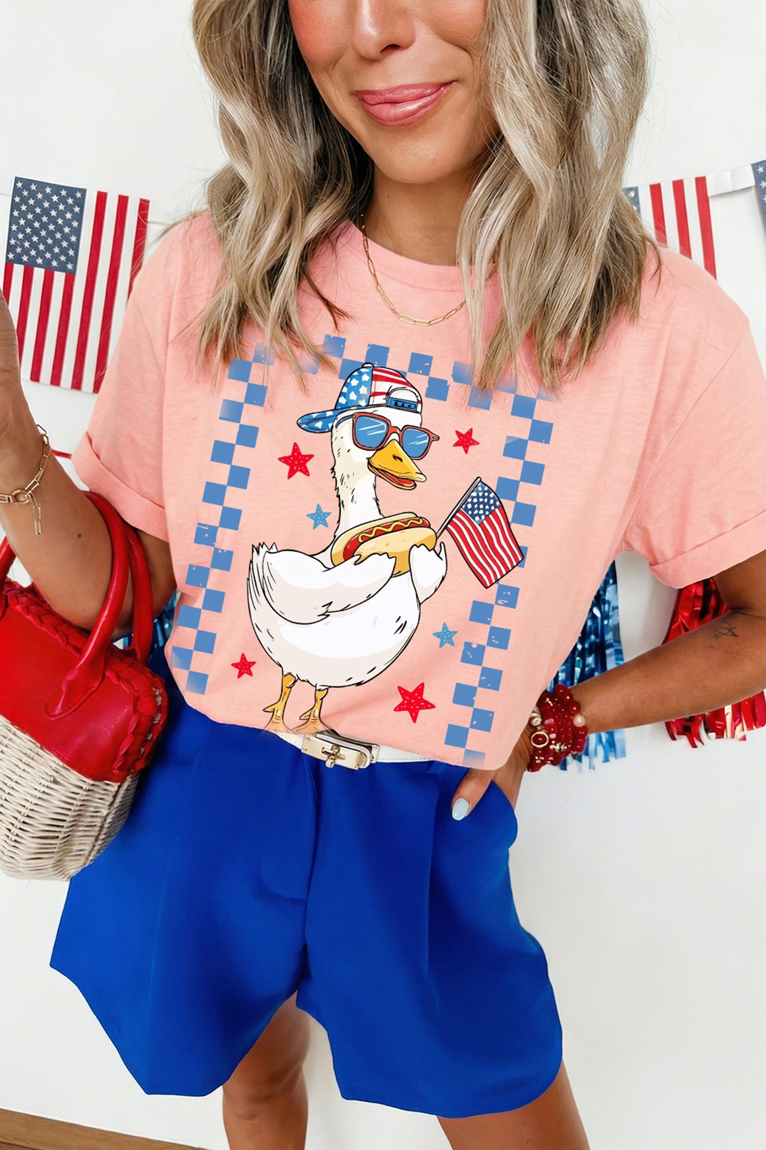 Pink America Goose 4th Of July Patriotic Flag Graphic T Shirt