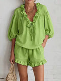 Ruffled V-Neck Blouse and Shorts Set