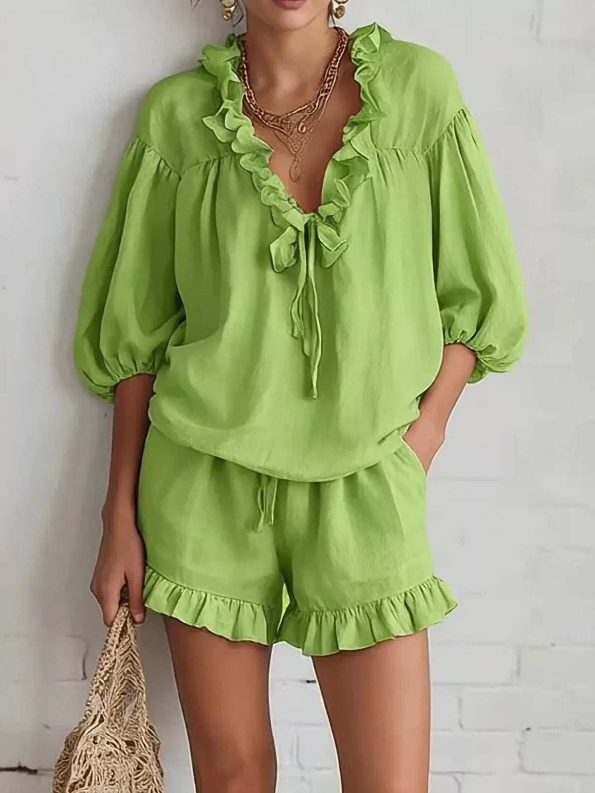 Ruffled V-Neck Blouse and Shorts Set