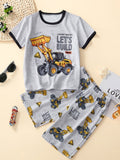 Children's Bulldozer Print Casual Tee and Shorts Set
