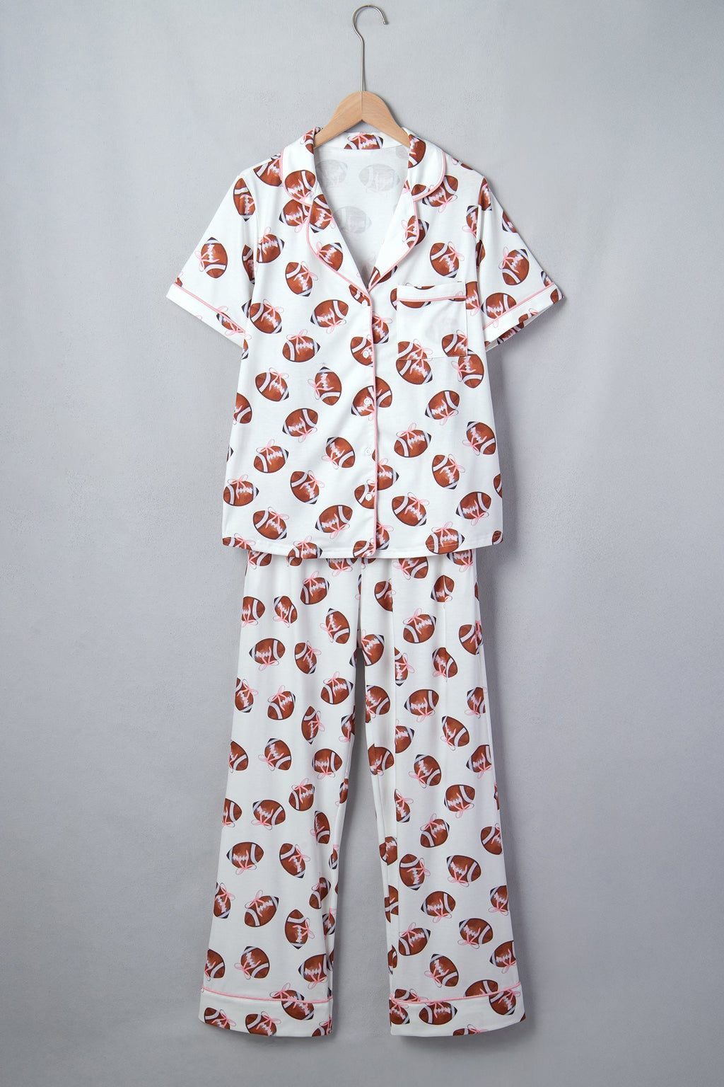 White Rugby Print Short Sleeve Button Down Top Loose Pants Game Day Pajama Set