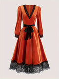 Velvet V-Neck Lace Trim Midi Dress with Waist Tie