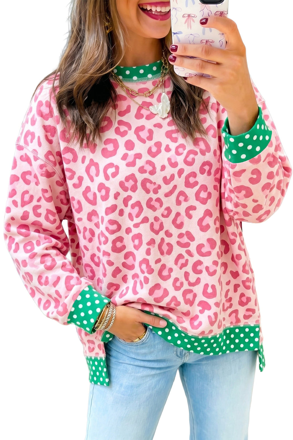Pink Leopard Polka Dot Colorblock Trim Long Sleeve Top