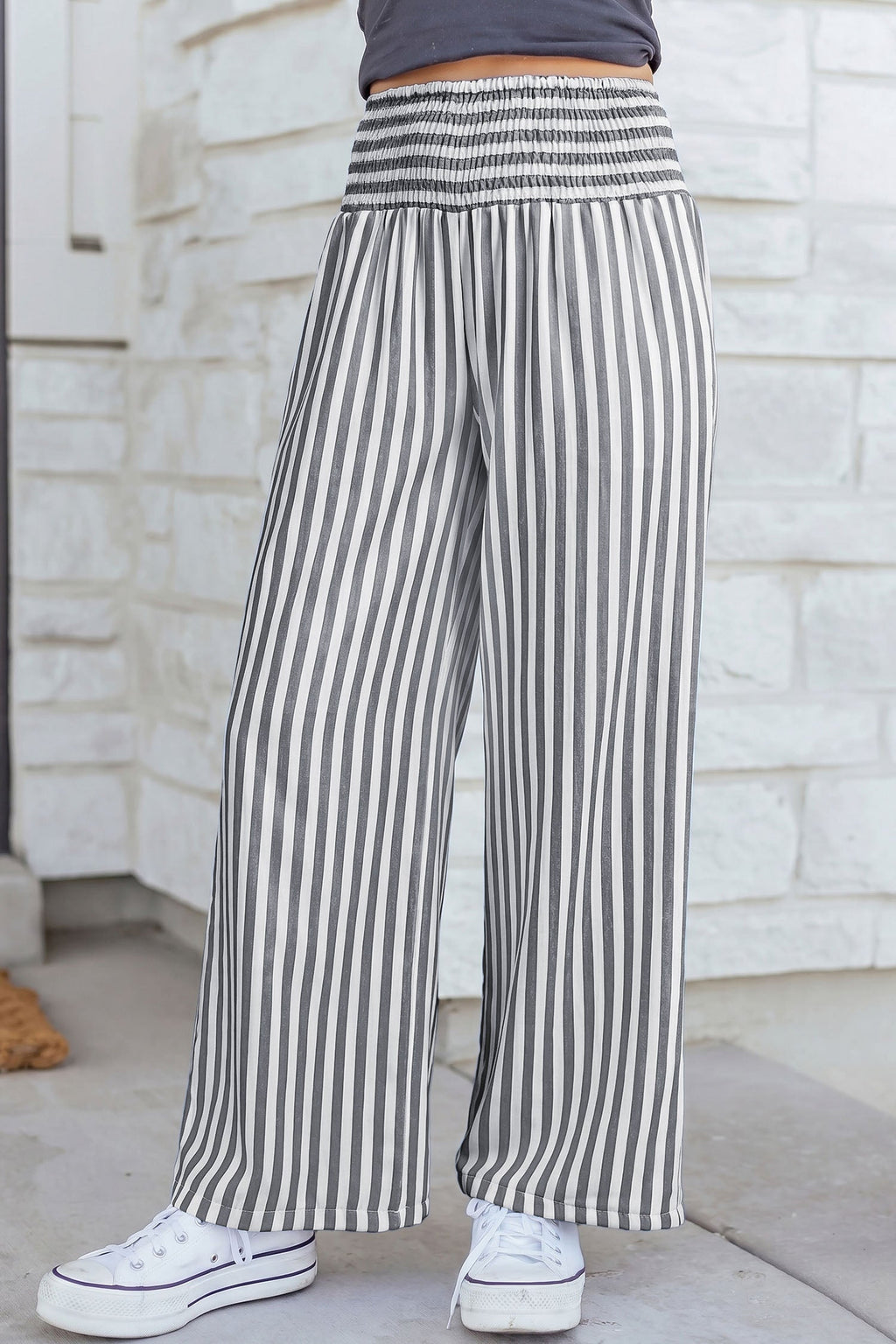 Black Stripe Shirred High Waist Loose Summer Pants