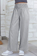 Black Stripe Shirred High Waist Loose Summer Pants