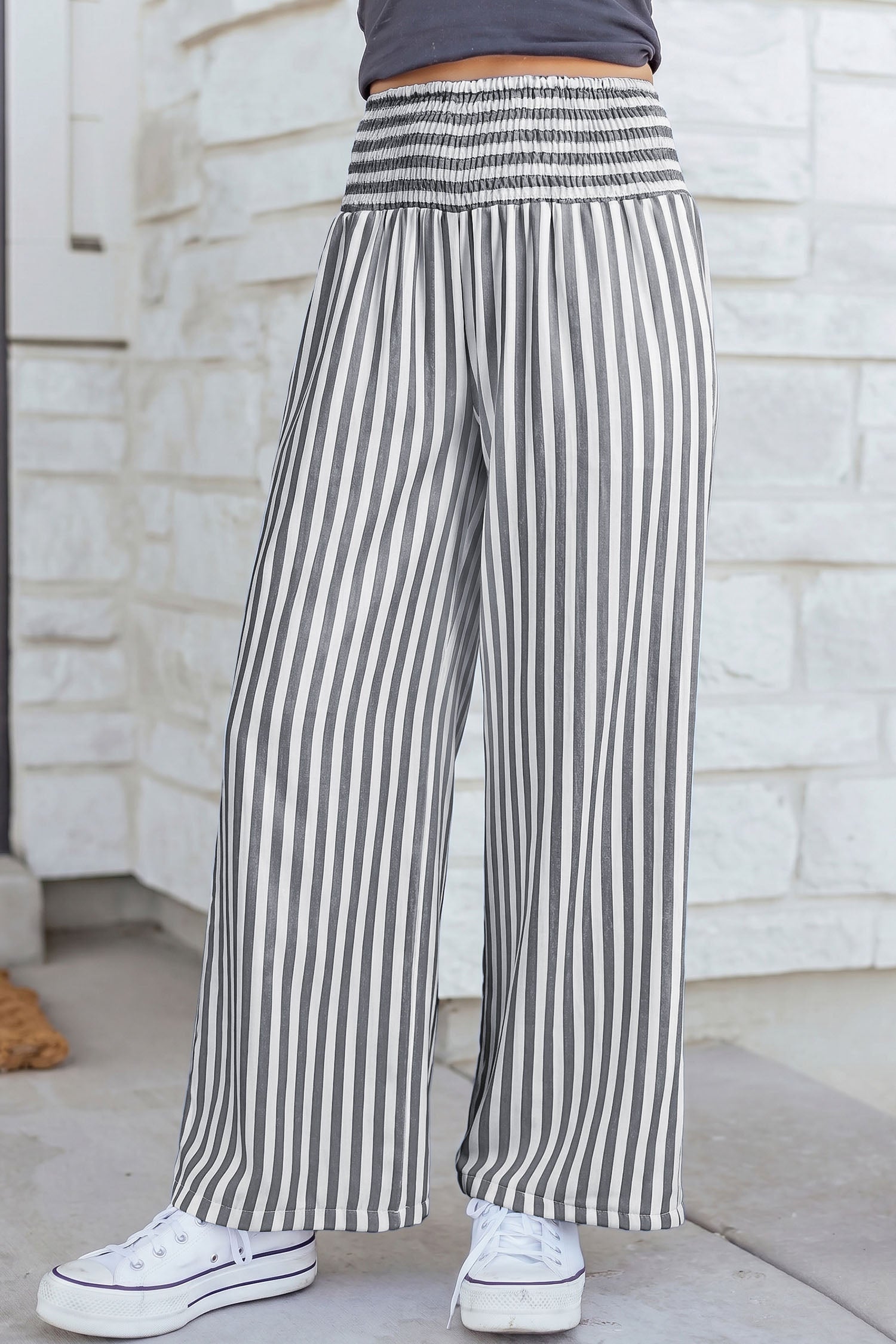 Black Stripe Shirred High Waist Loose Summer Pants