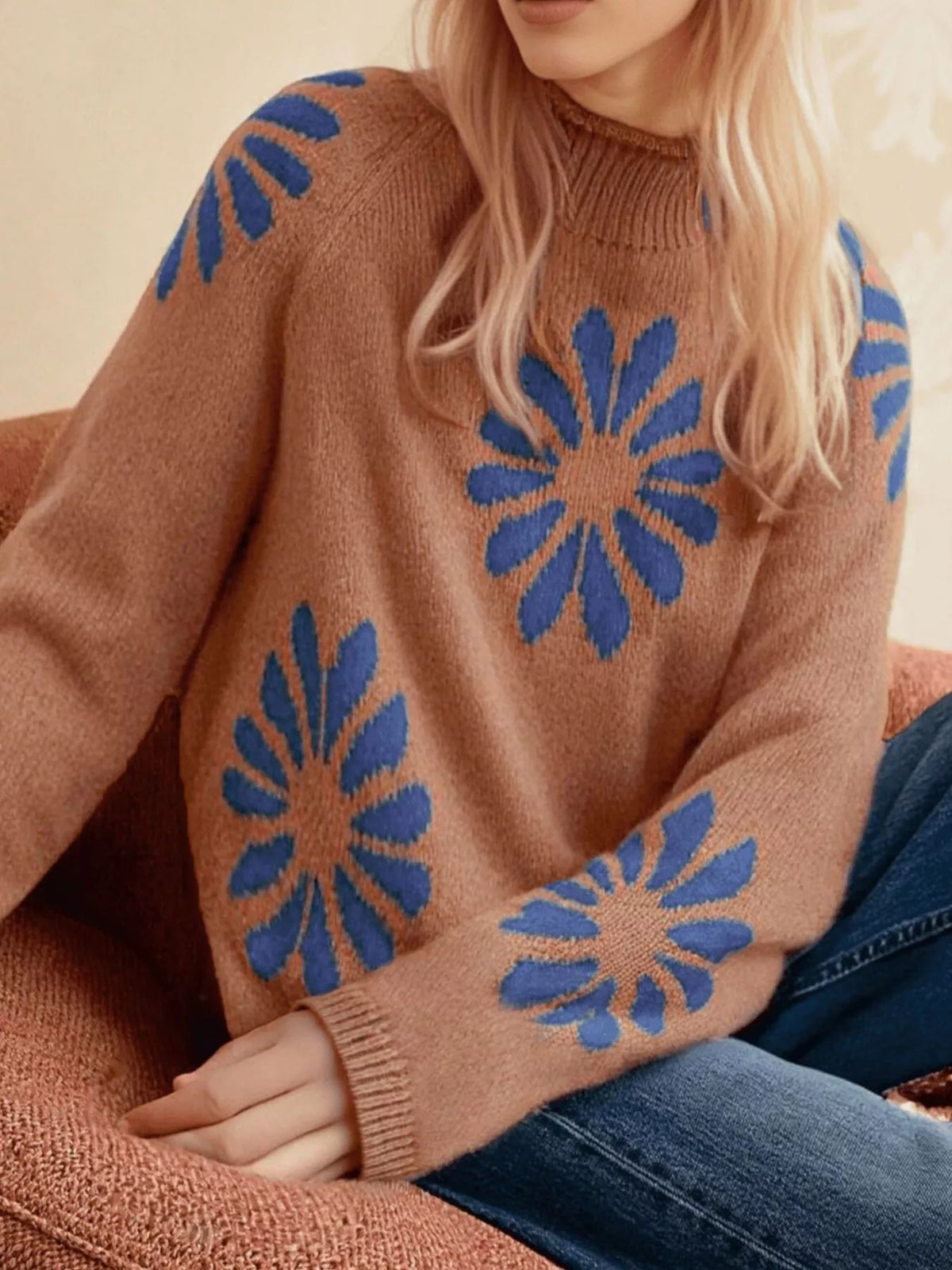 Flower Mock Neck Raglan Sleeve Sweater