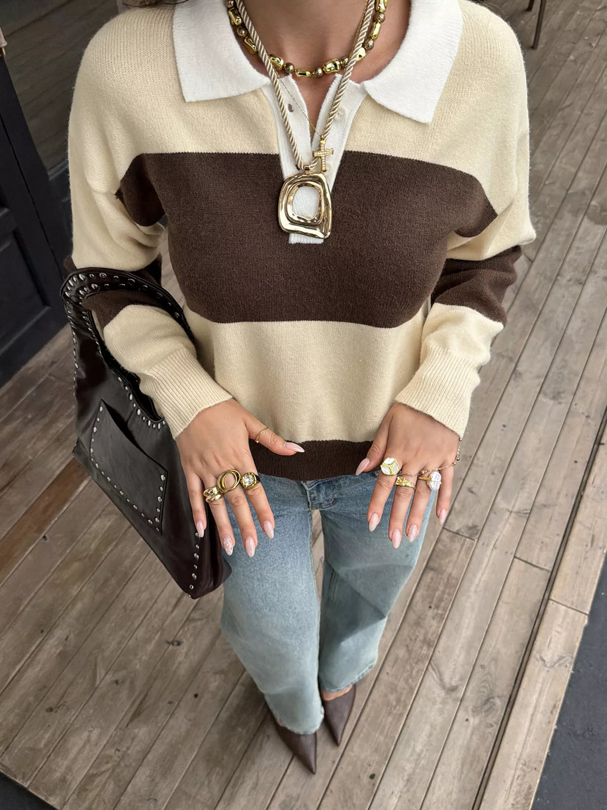 Color Block Polo Collar Knit Sweater