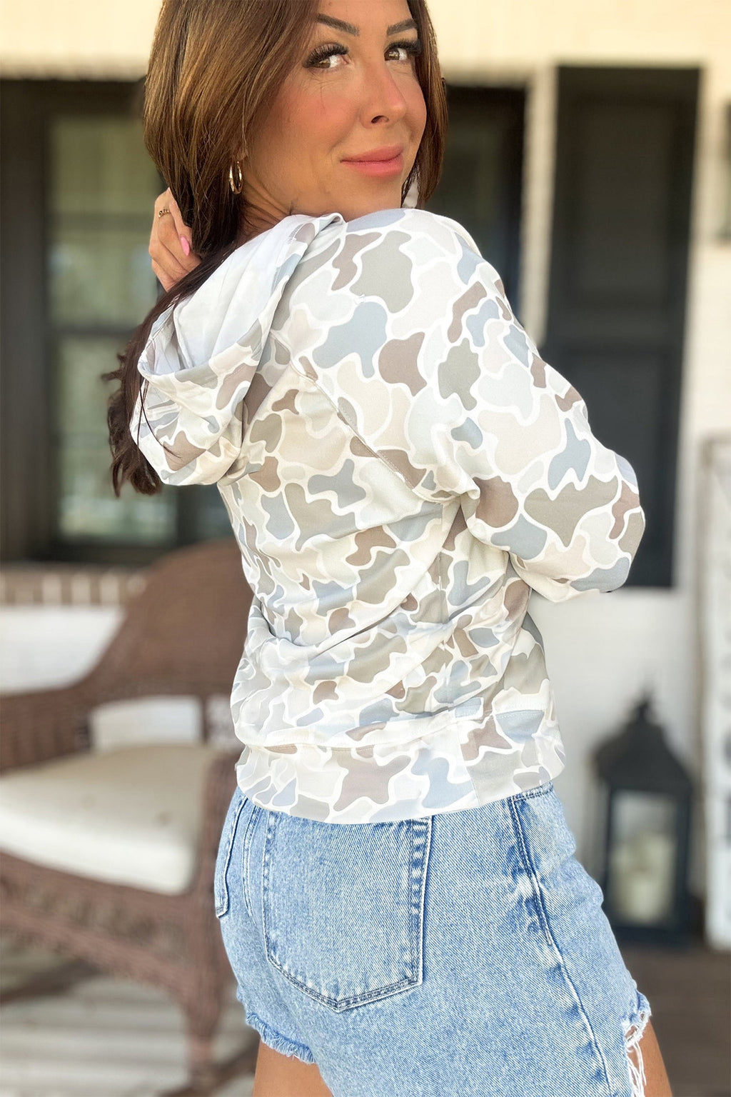 Beige Camouflage Print Long Sleeve Hooded Pullover Casual Top