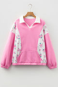 Floral Colorblock Patchwork Puff Sleeve Collared Top