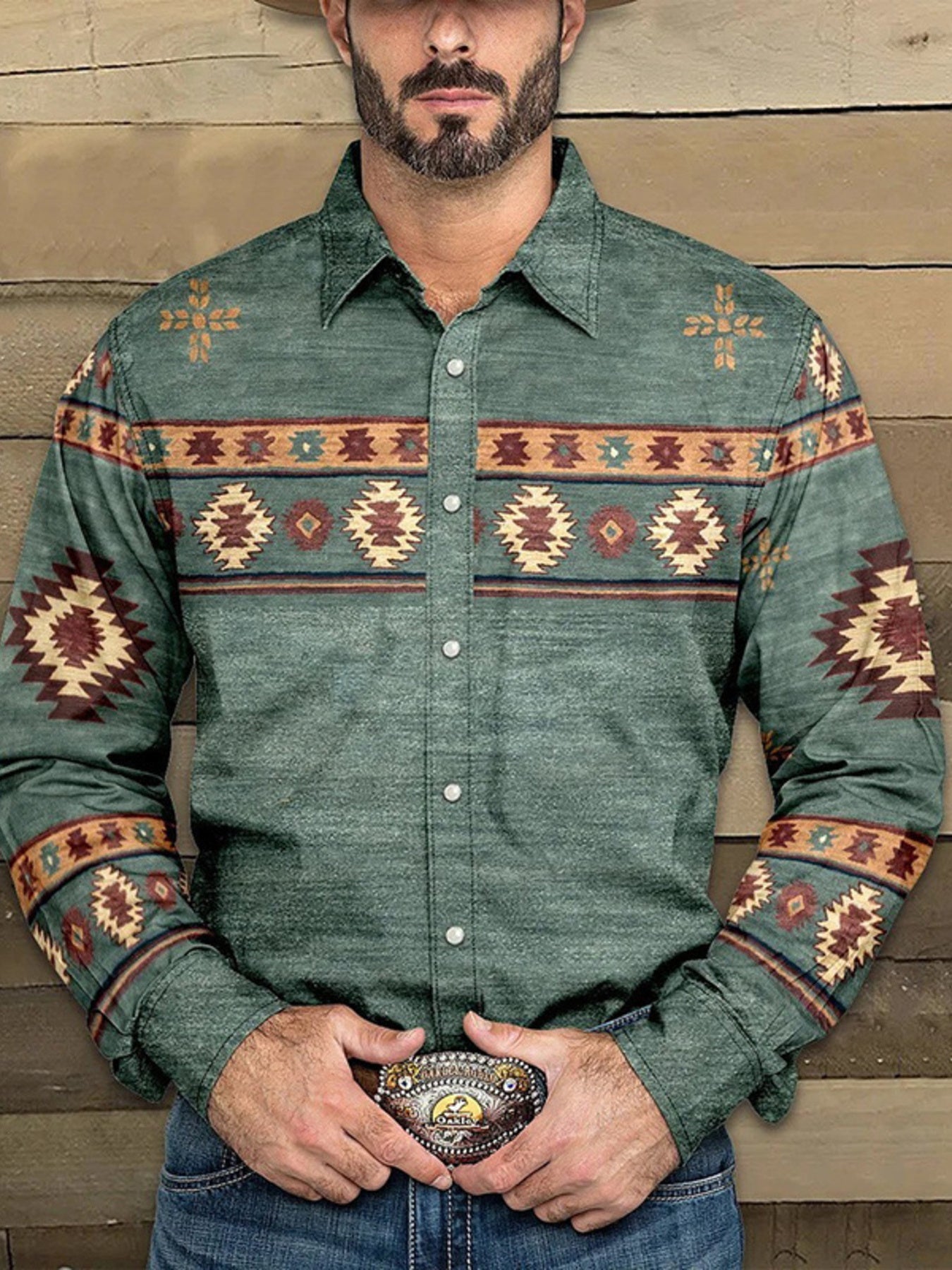 Men's Full Size Geometric Print Long Sleeve Shirt Plus Size