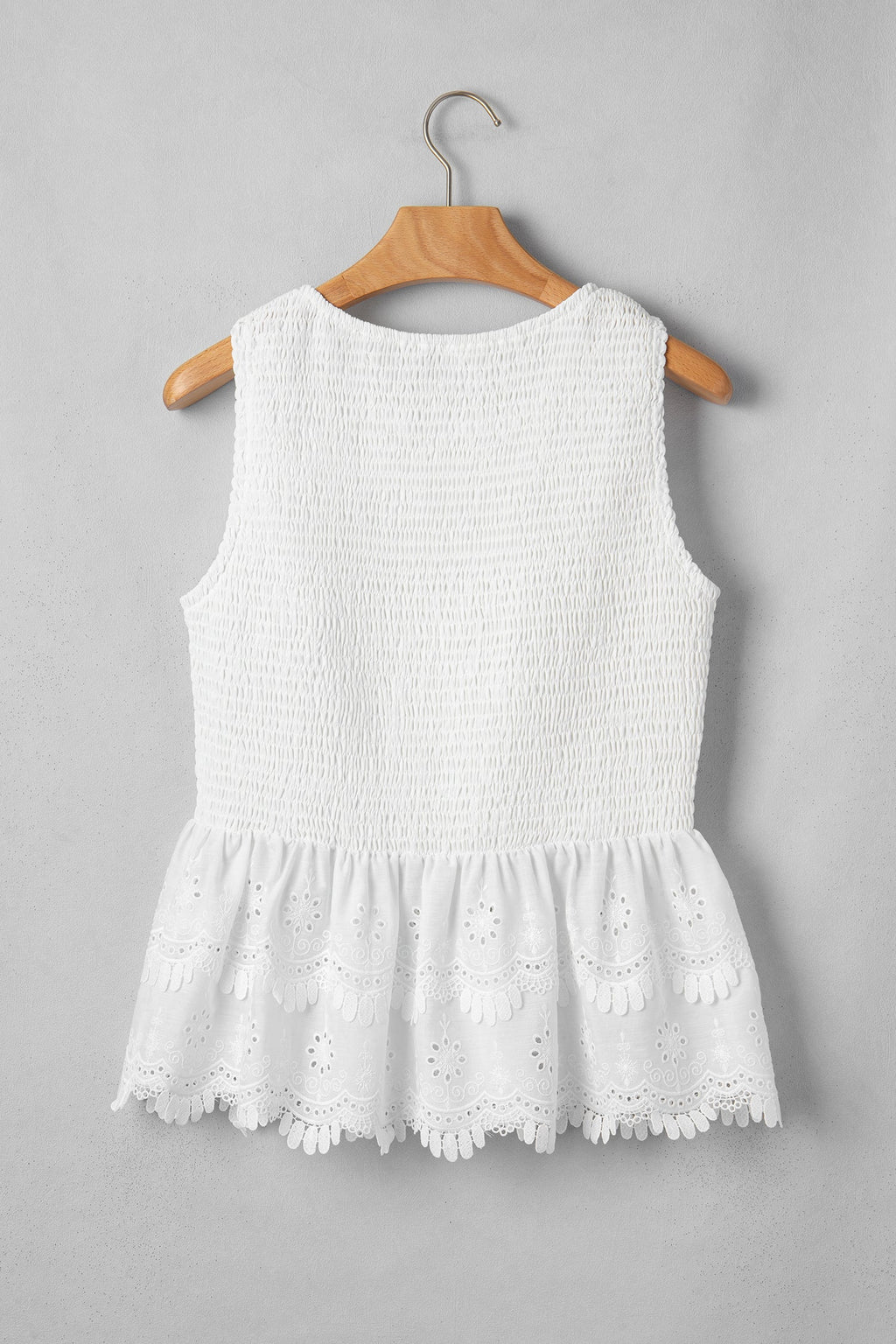 White Sleeveless Smocked Lace Peplum Top