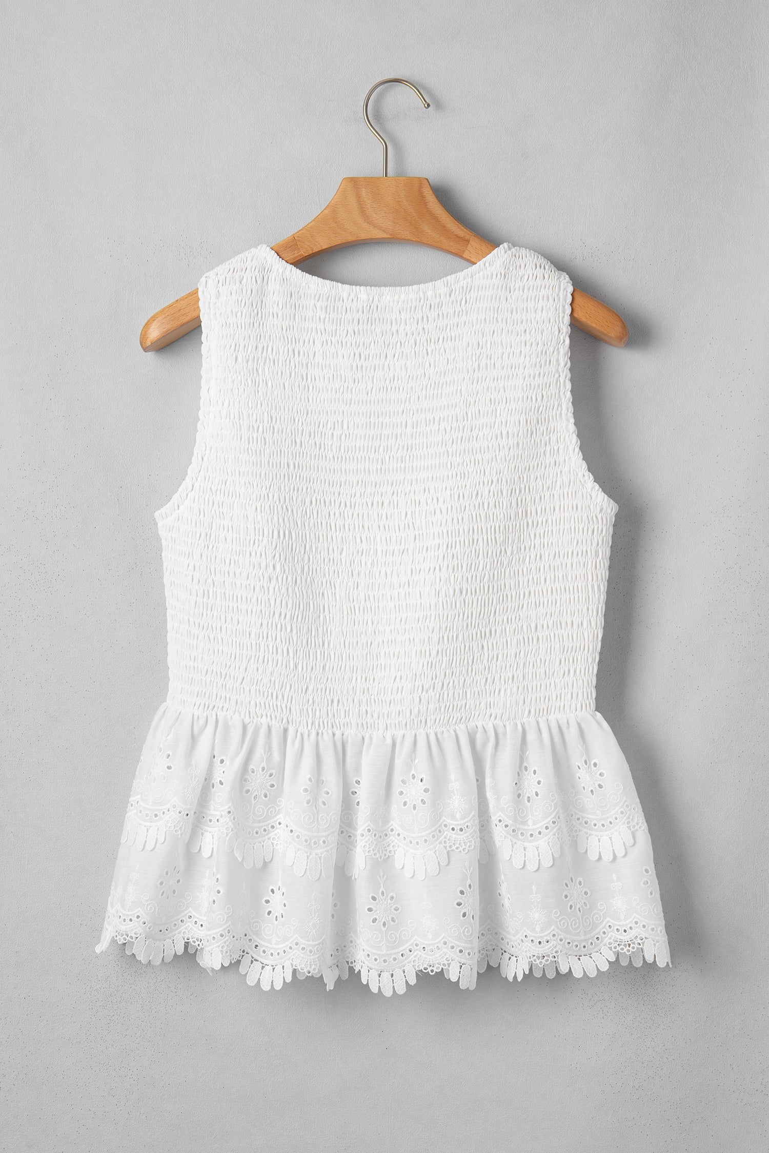 White Sleeveless Smocked Lace Peplum Top