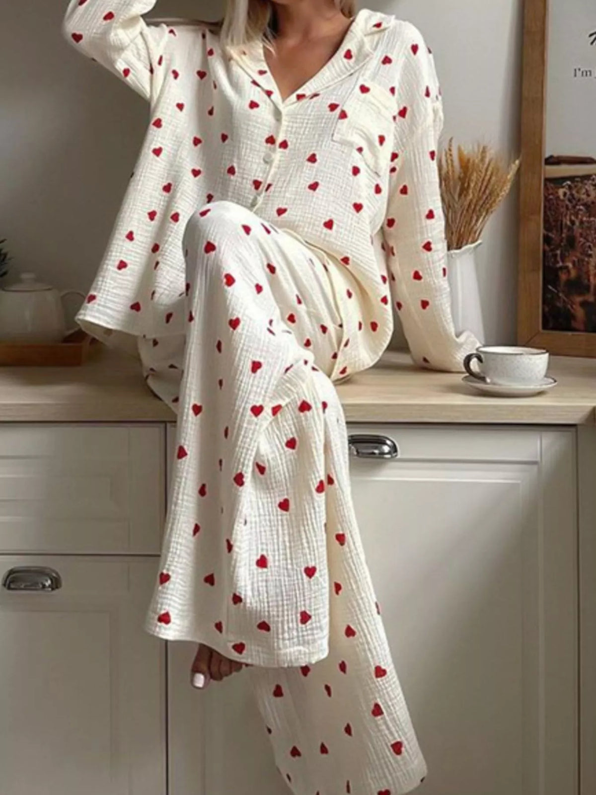 Heart Print Button Up Top and Pants Lounge Set