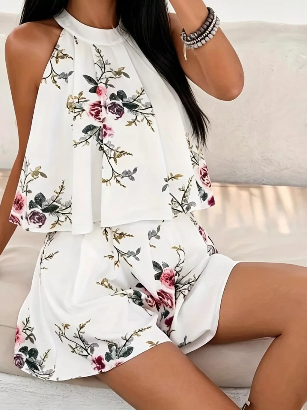 Full Size Floral Print Halter Neck Tank Top and Pleated Shorts Set Plus Size