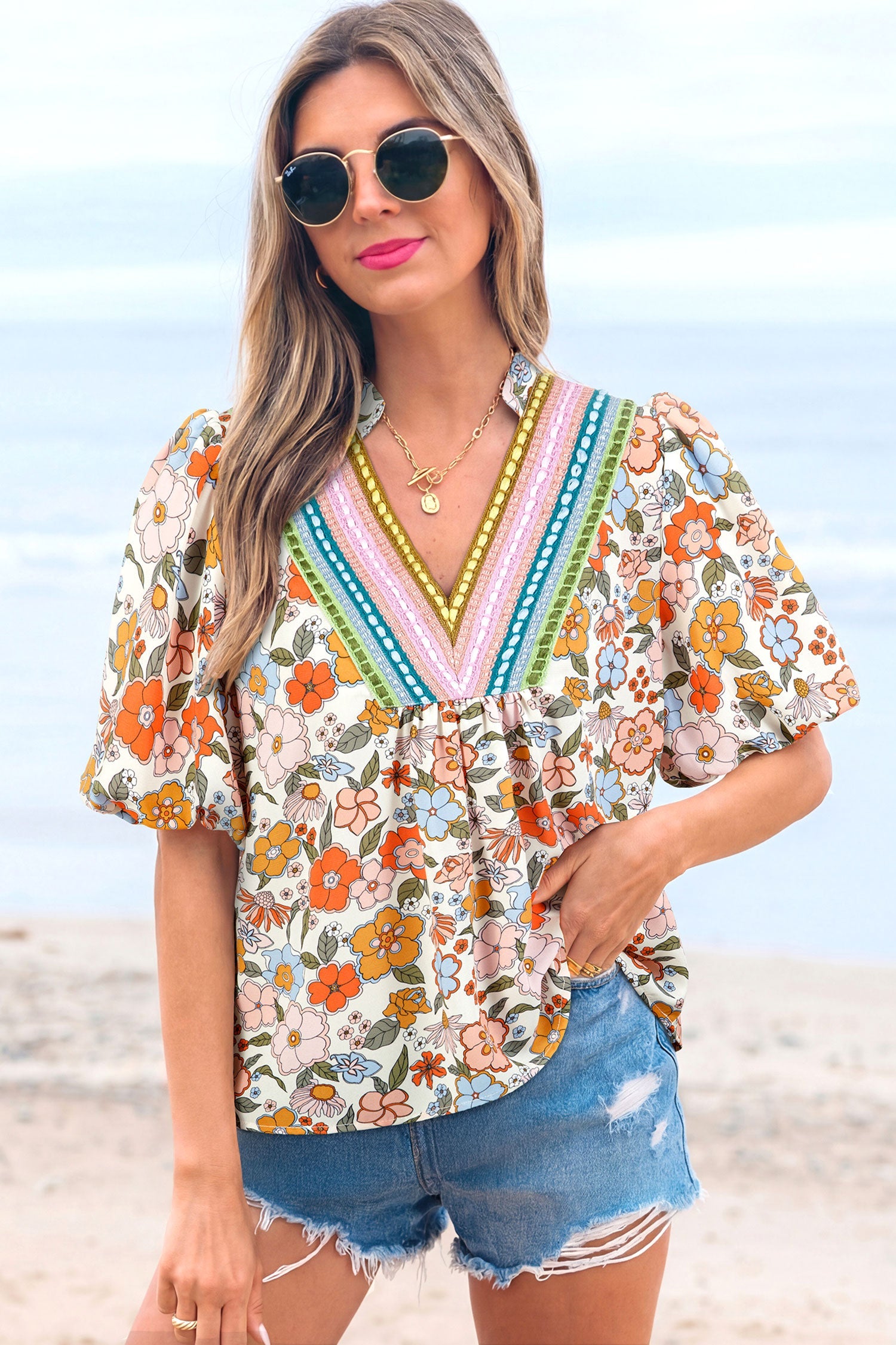 Multicolour Crochet V Neckline Puff Sleeve Boho Flower Blouse
