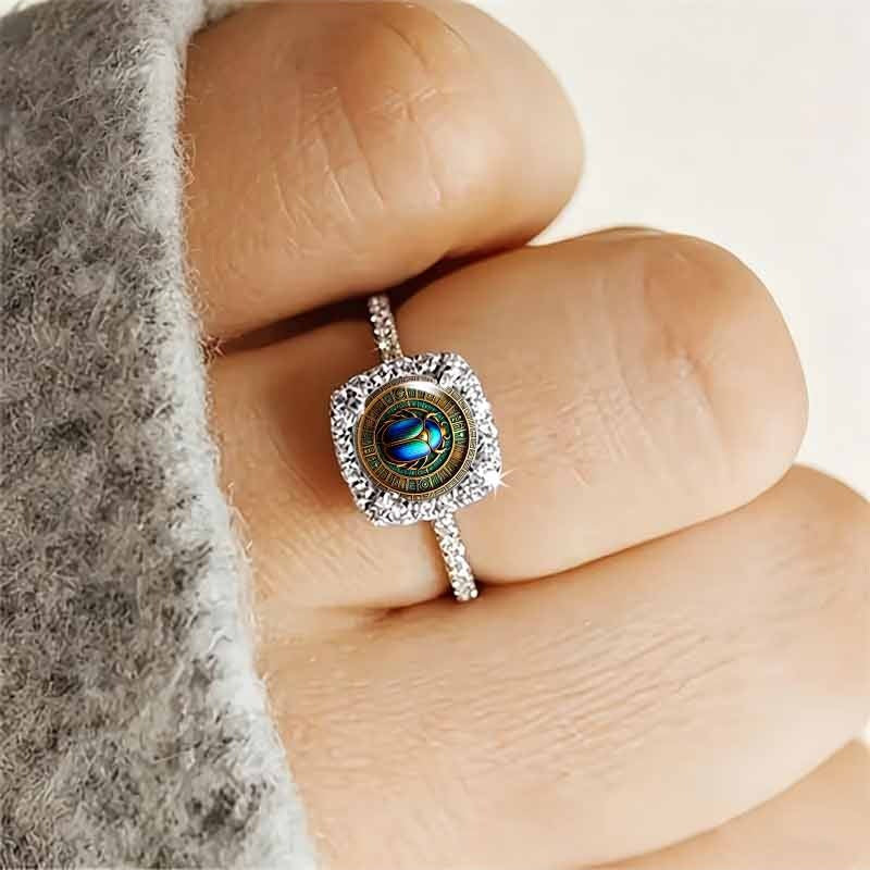 Vintage Ancient Egyptian Scarab Beetle Ring - Mystical Halo Inlaid Crystal Unisex Statement Jewelry