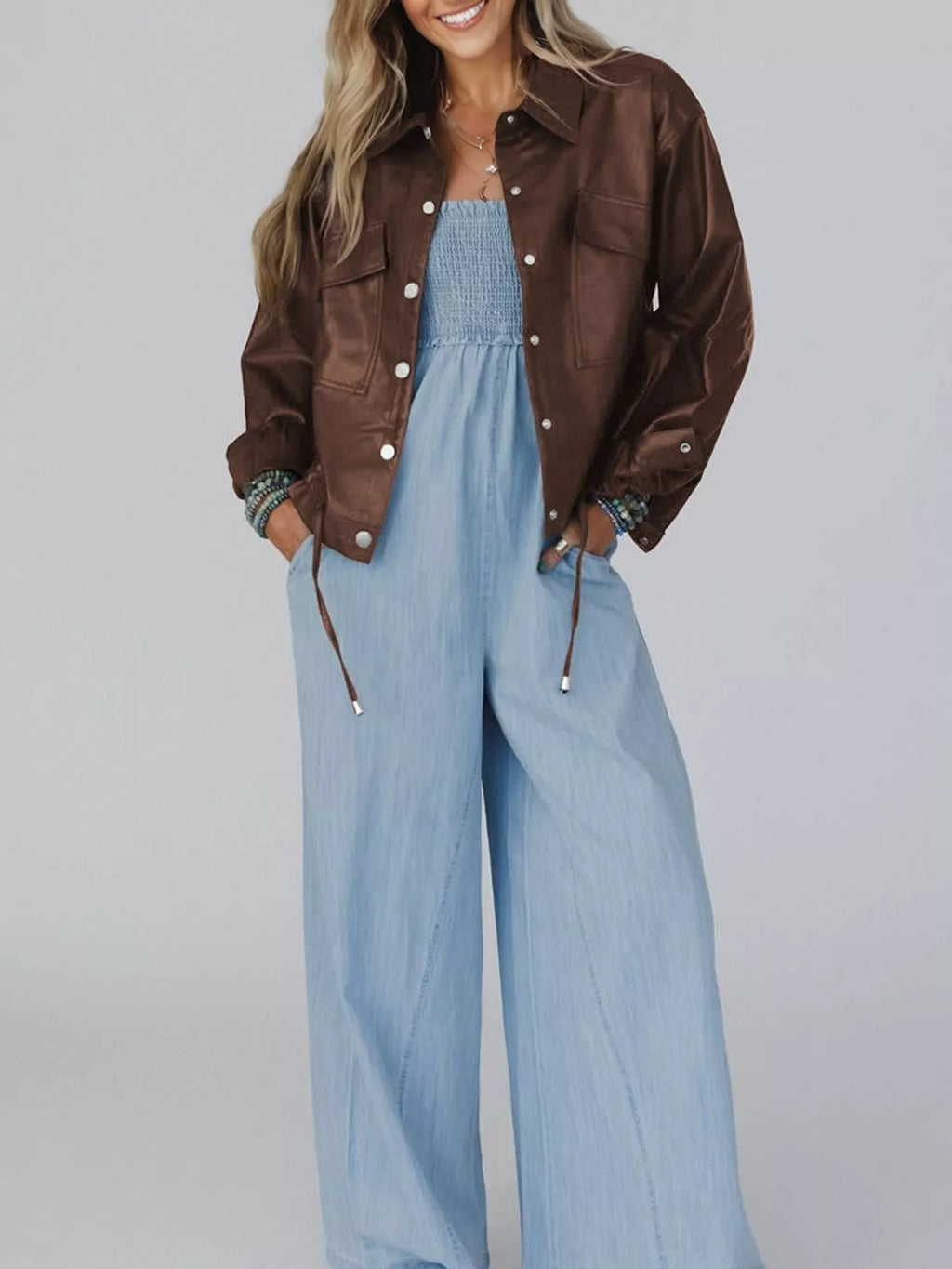 Double Flap Pocket Drawstring Hem Leather Jacket