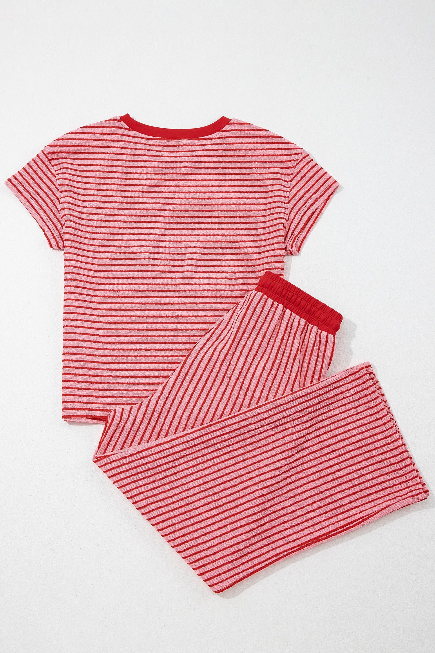 Rose Stripe Crew Neck Tee Drawstring Waist Cropped Pants Set