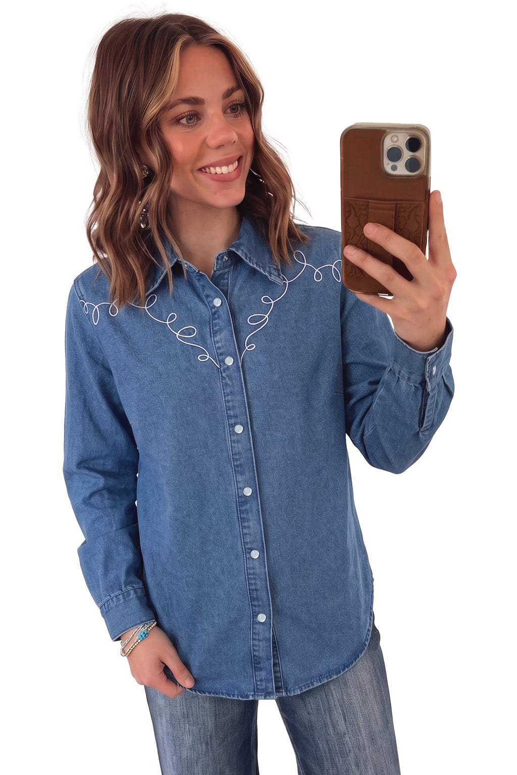 Dusk Blue Western Embroidered Collar Long Sleeve Denim Shirt