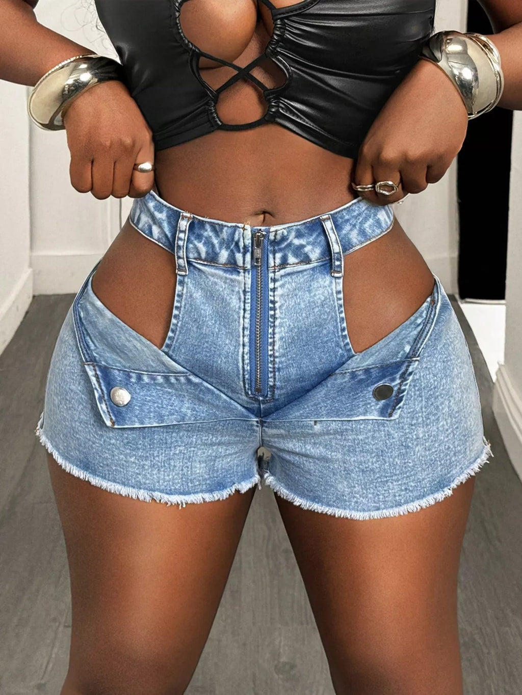 Cut-out Denim Shorts with Frayed Hem
