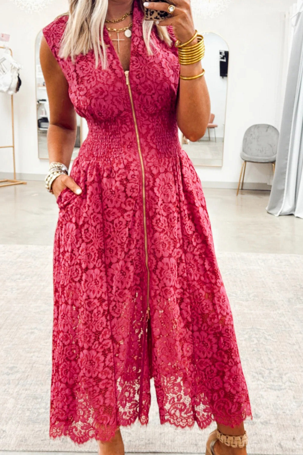 Coral Floral Lace Overlay Zip Up V Neck Smocked Waist Sleeveless Dress