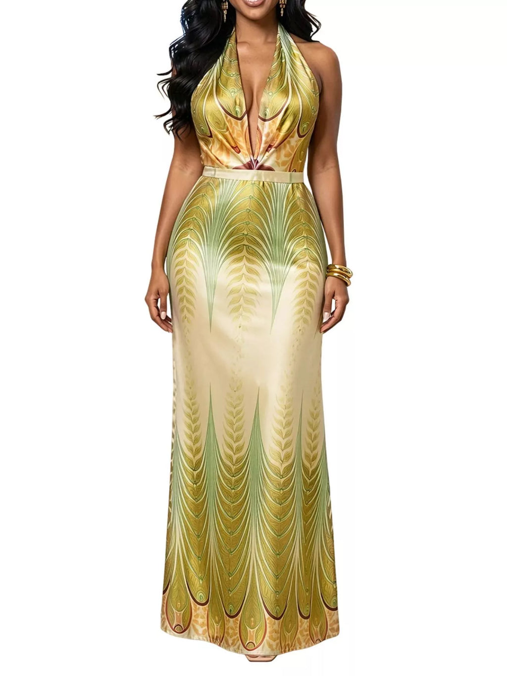 Elegant Halter Neck Maxi Dress with Gradient Leaf Print