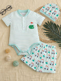 Children's Striped Short Sleeve Bodysuit and Shorts Set with Hat