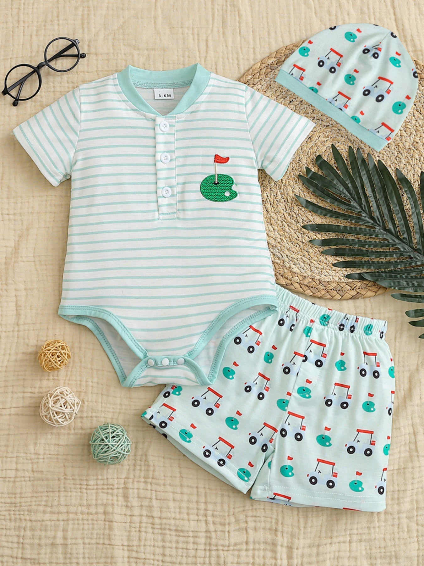 Children's Striped Short Sleeve Bodysuit and Shorts Set with Hat
