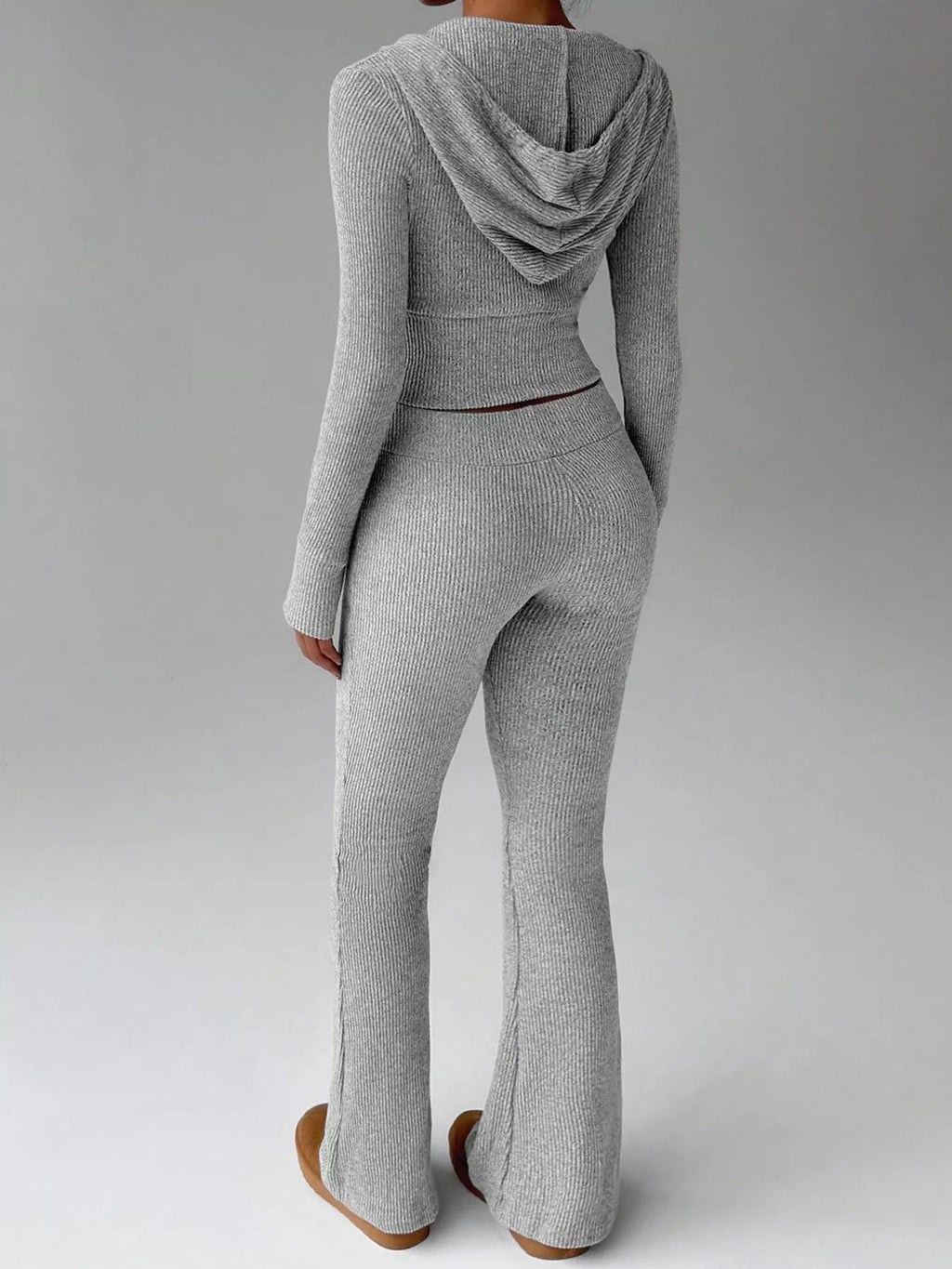 Ribbed Knit Zip-Up Hooded Top and Flared Pants Set