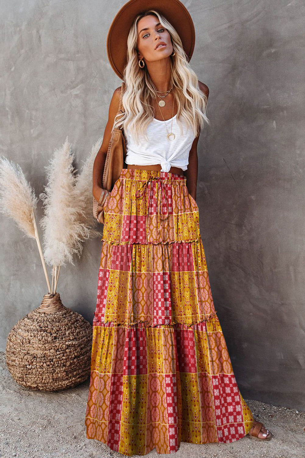 Orange Tiered Paisley Print Pocketed Maxi Skirt