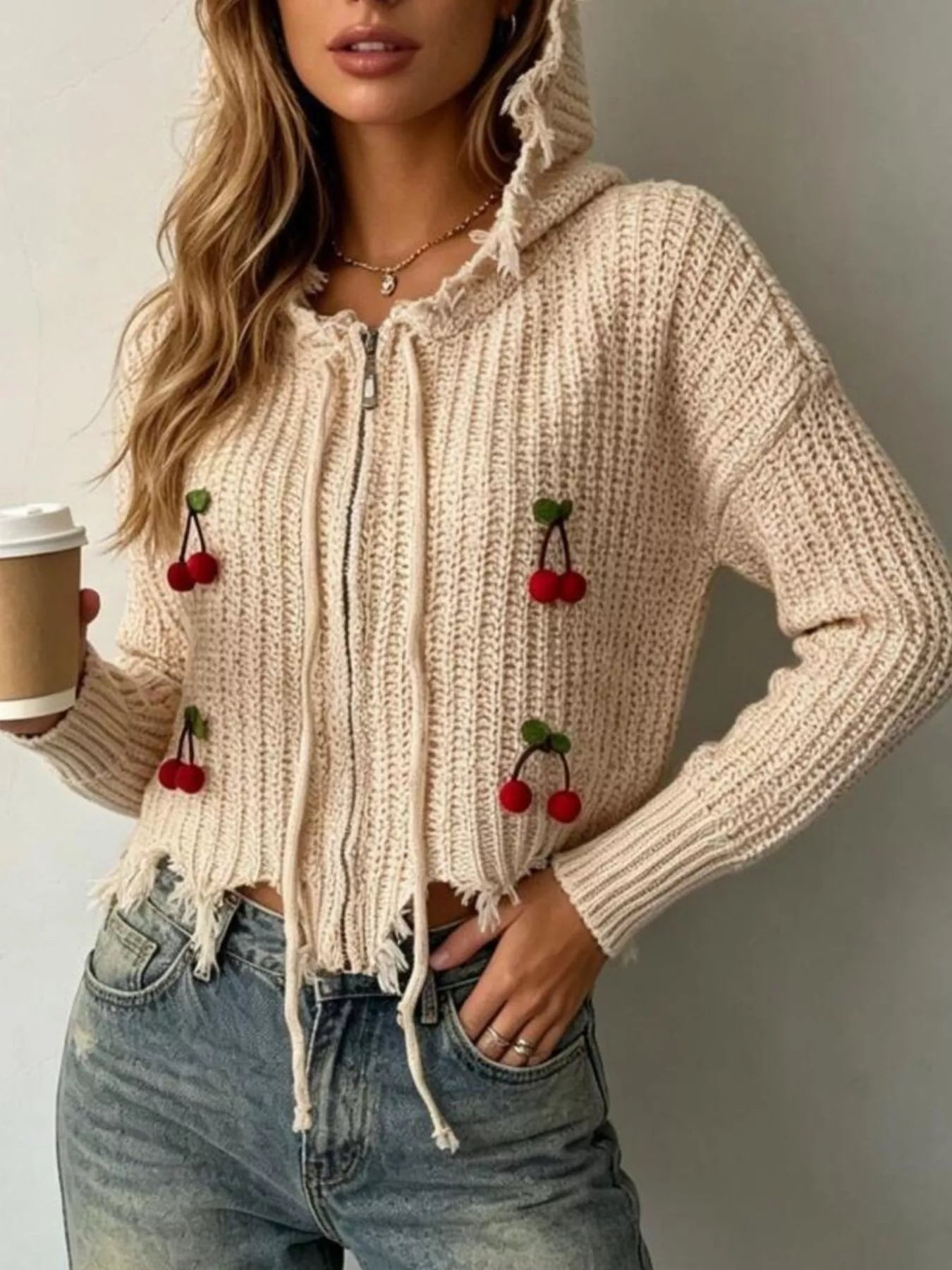 Cherry Knit Zip-Up Hooded Sweater