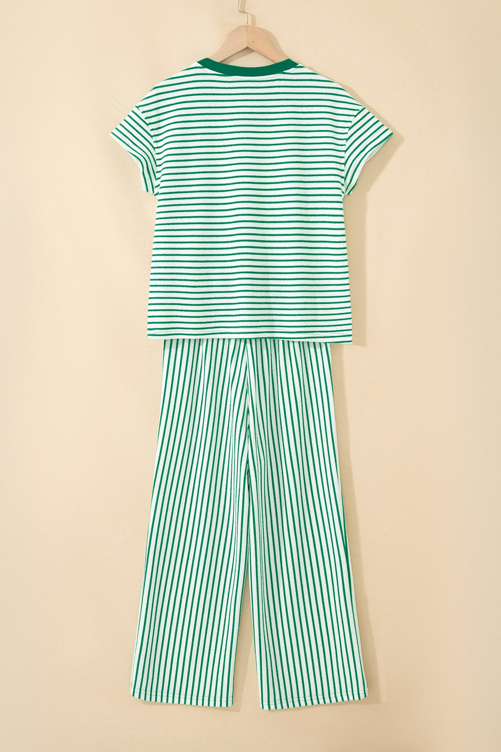Green Stripe Crew Neck Tee Drawstring Waist Cropped Pants Set