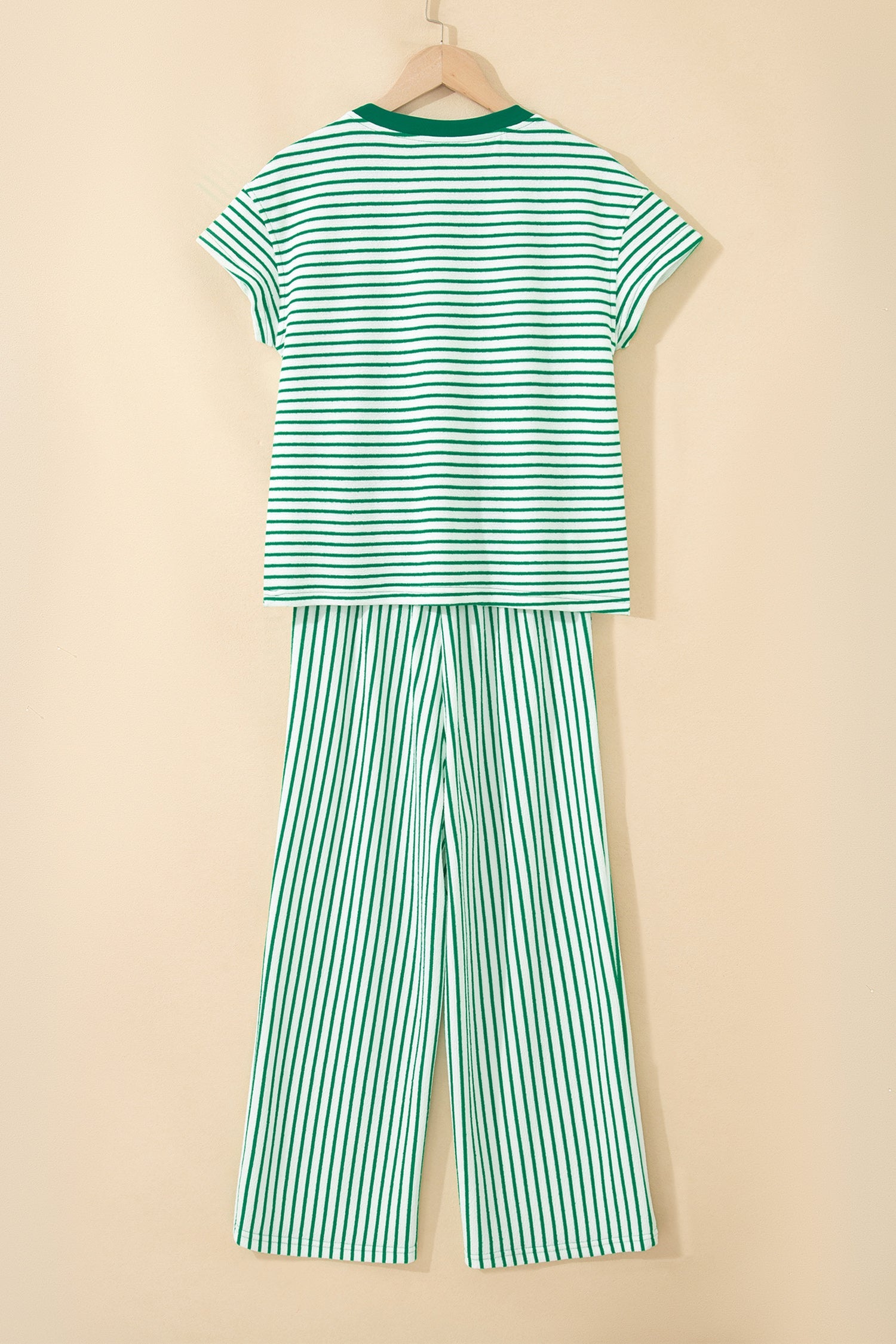 Green Stripe Crew Neck Tee Drawstring Waist Cropped Pants Set