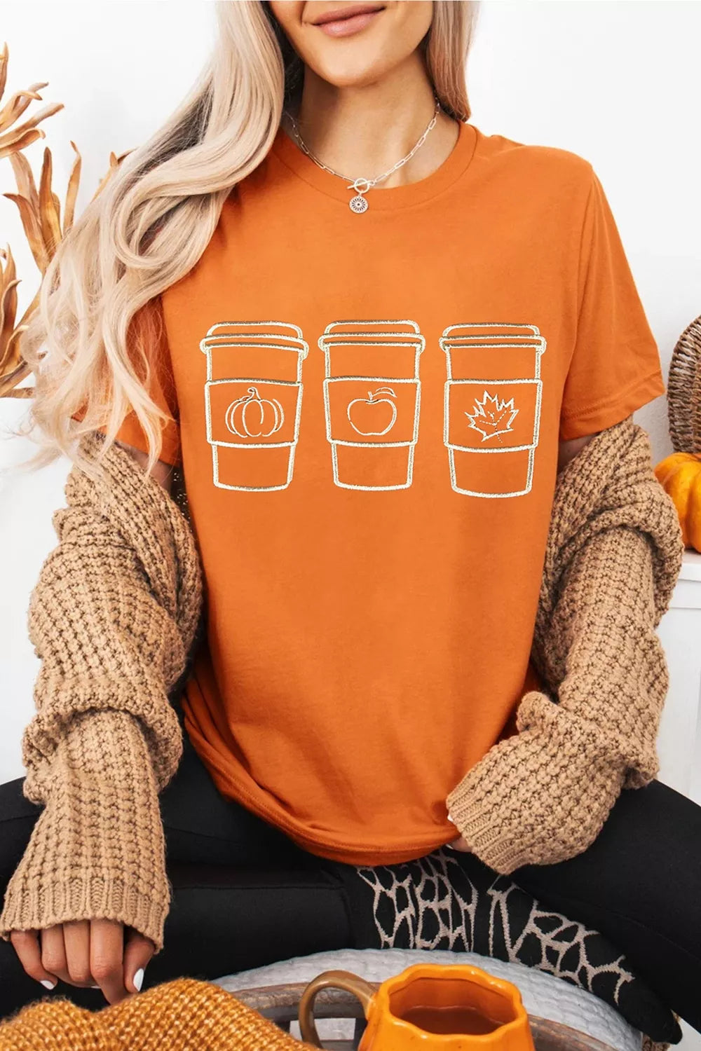 Embroidered Fall Drinks Round Neck Tee