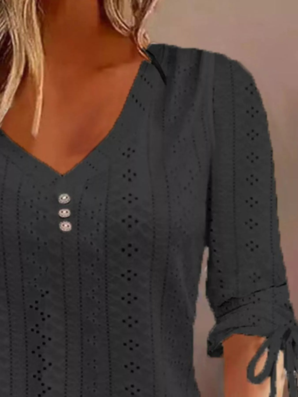 Full Size V-Neck Eyelet Drawstring Sleeve Top Plus Size