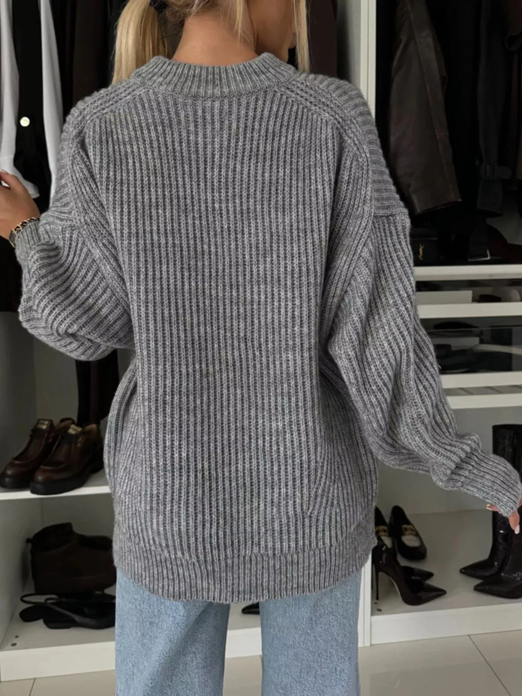 Ribbed Knit Crew Neck Sweater