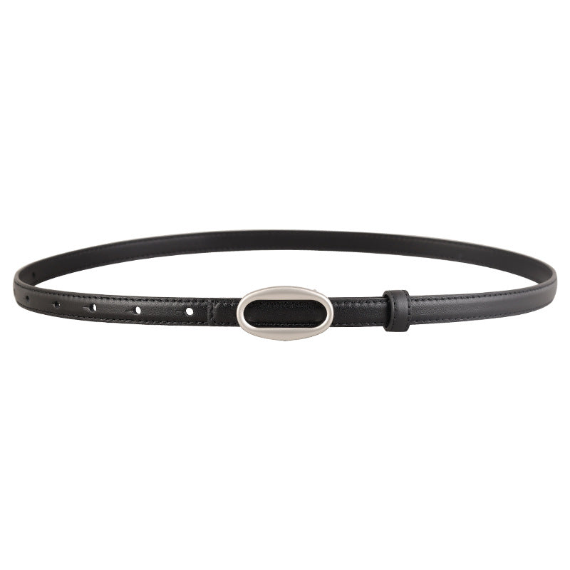 Oval Buckle Skinny Leather Belt