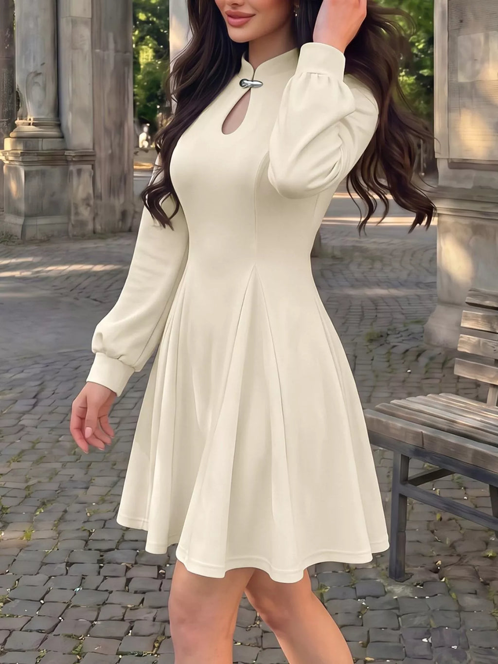 Keyhole Neckline Long Sleeve A-Line Mini Dress