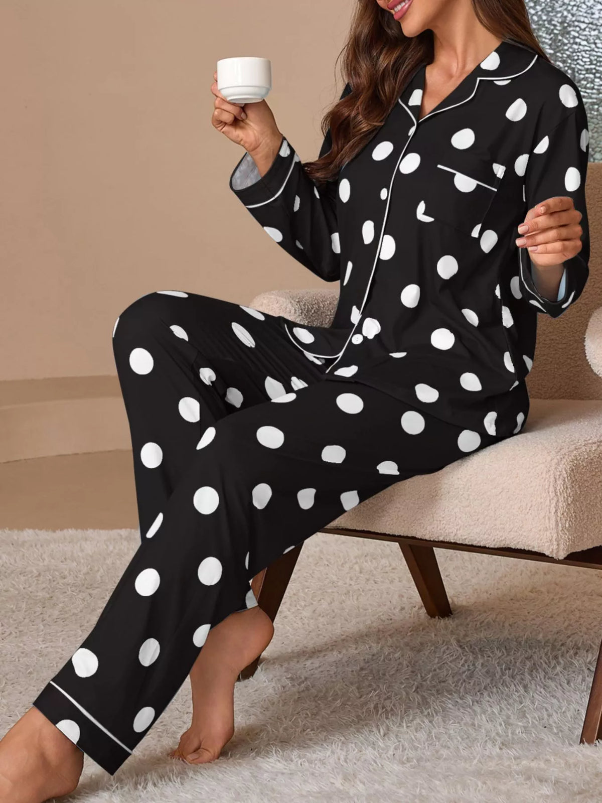 Polka Dot Button-Down Top and Pants Lounge Set