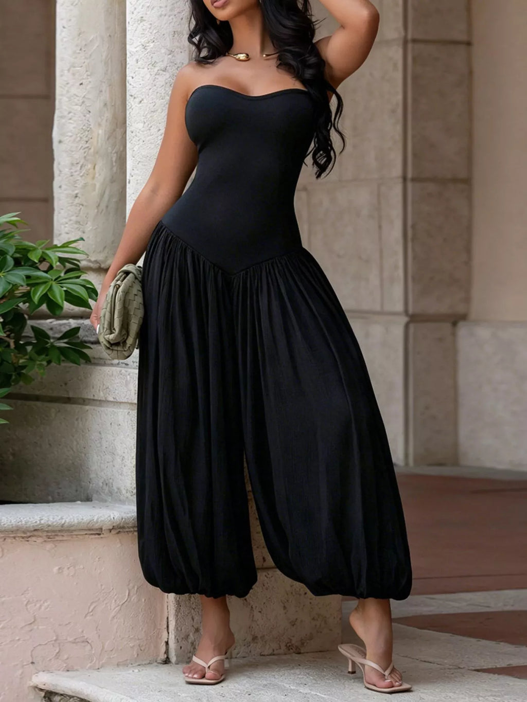 Strapless Ruched Wide-Leg Jumpsuit