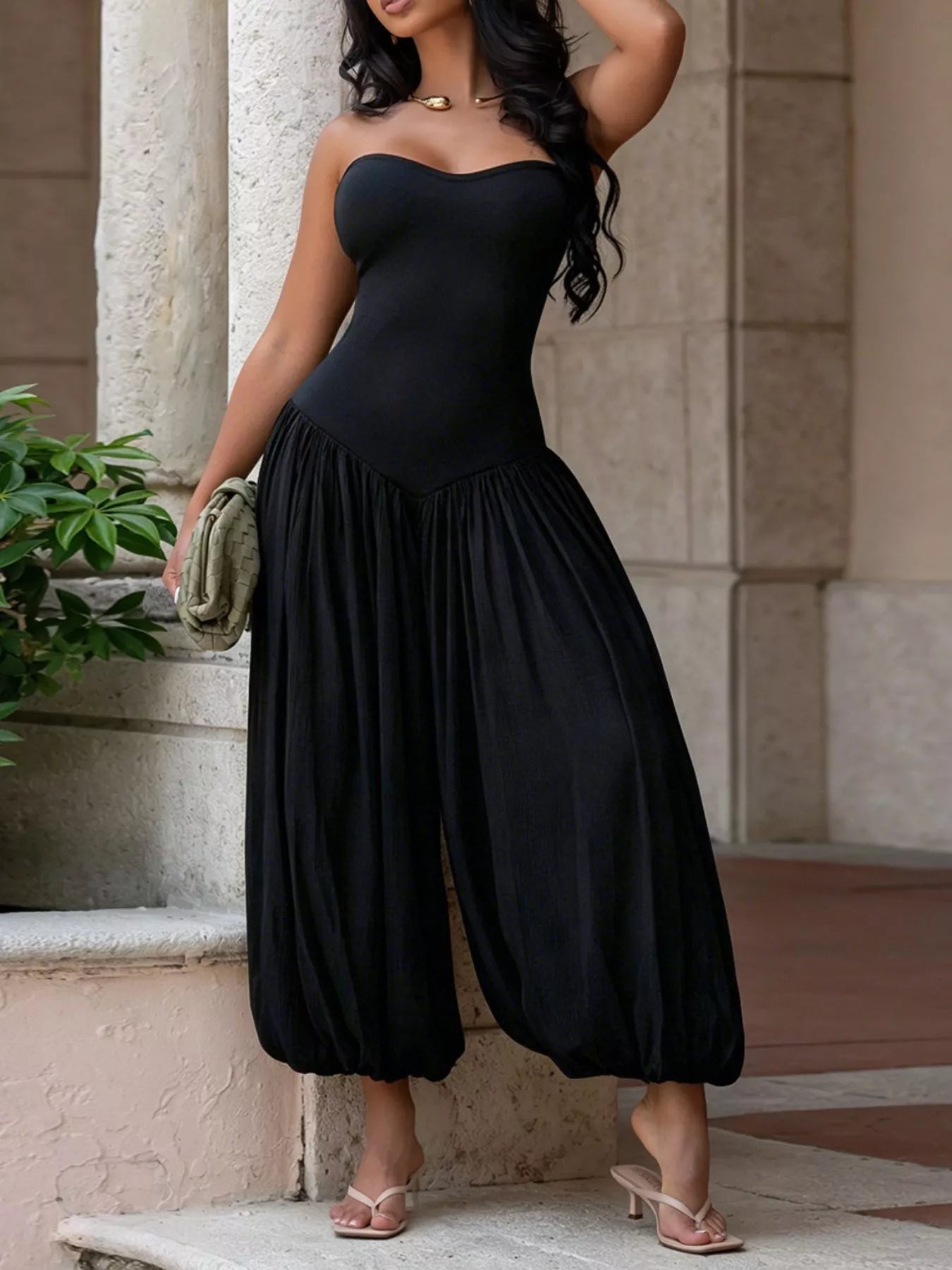 Strapless Ruched Wide-Leg Jumpsuit