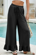 Ruffled Wide Leg Pull On High Waist Pants with Pockets